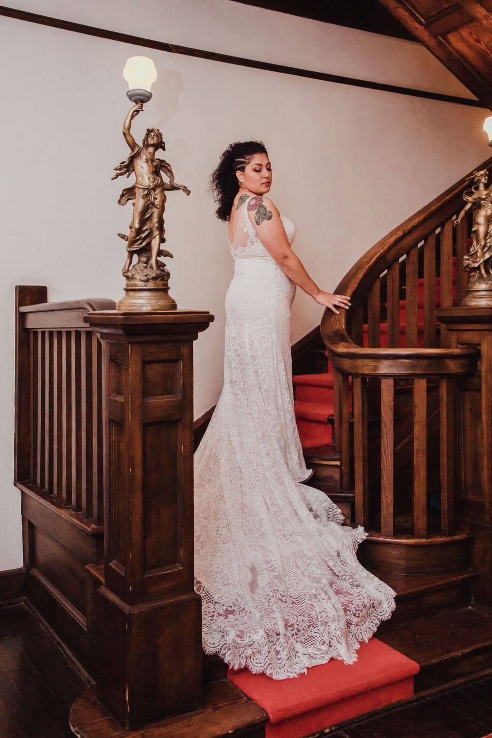 Bride descending a historic staircase