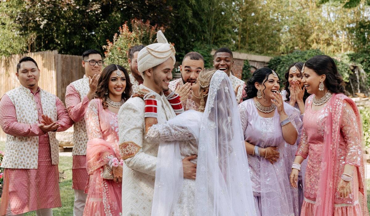 Wedding party celebration in vibrant dress