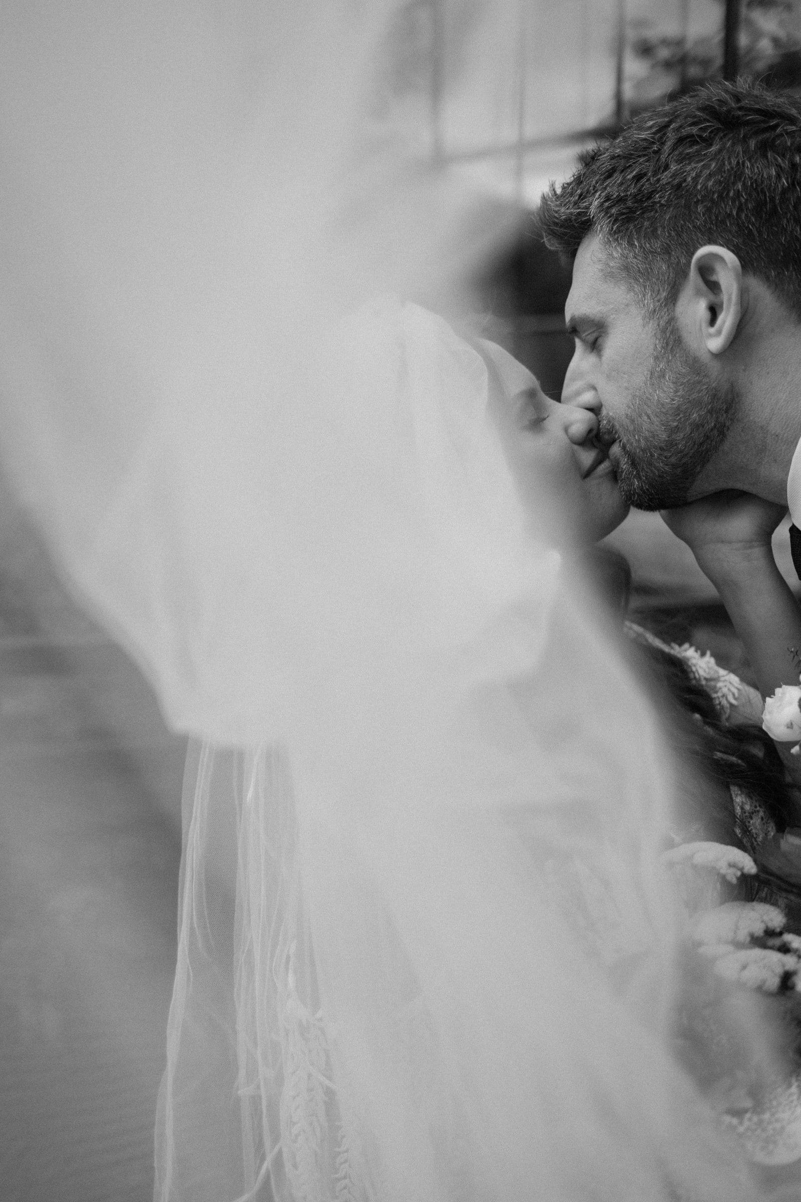 Groom through the veil, black and white