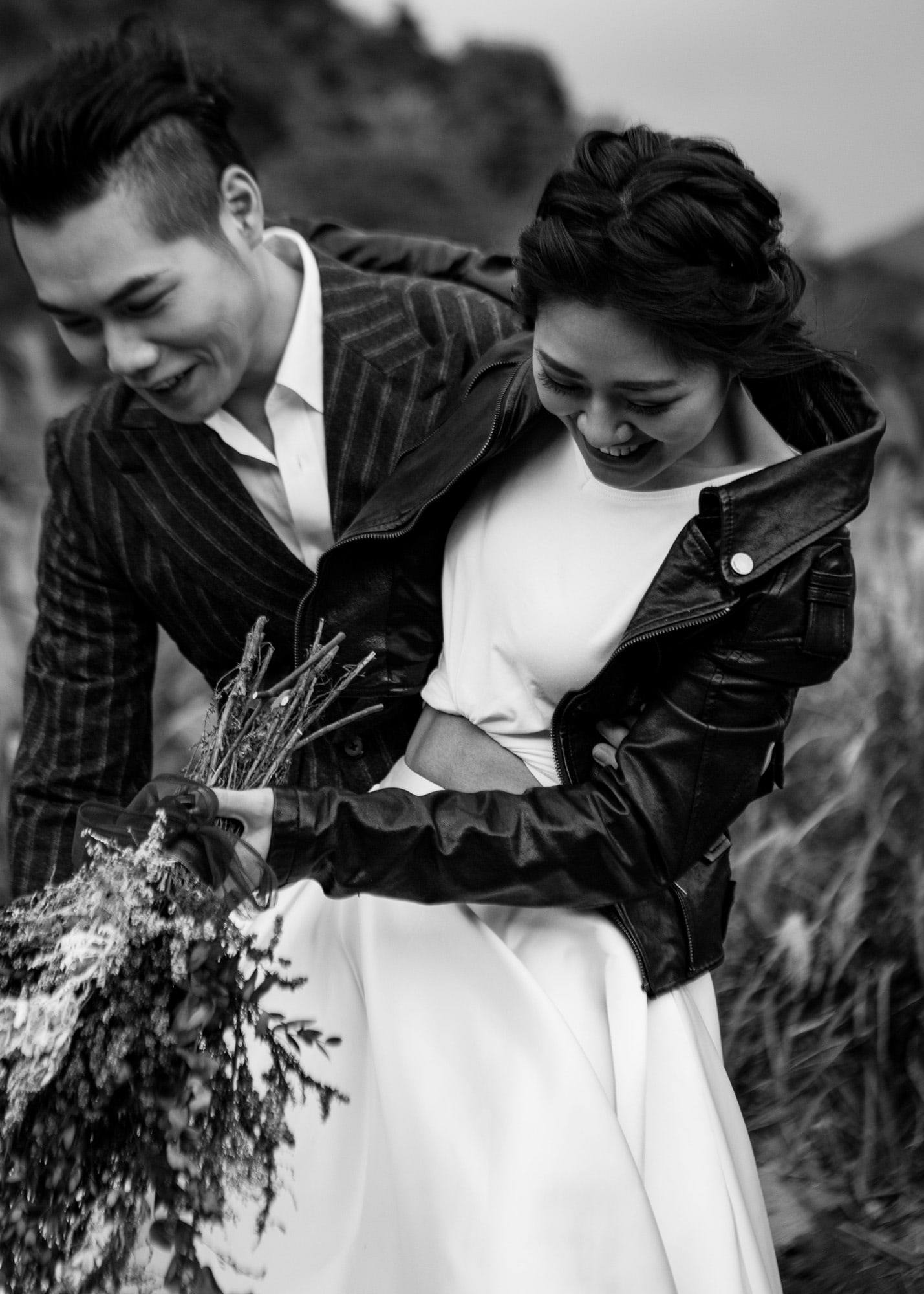 Leather jacket embrace, black and white
