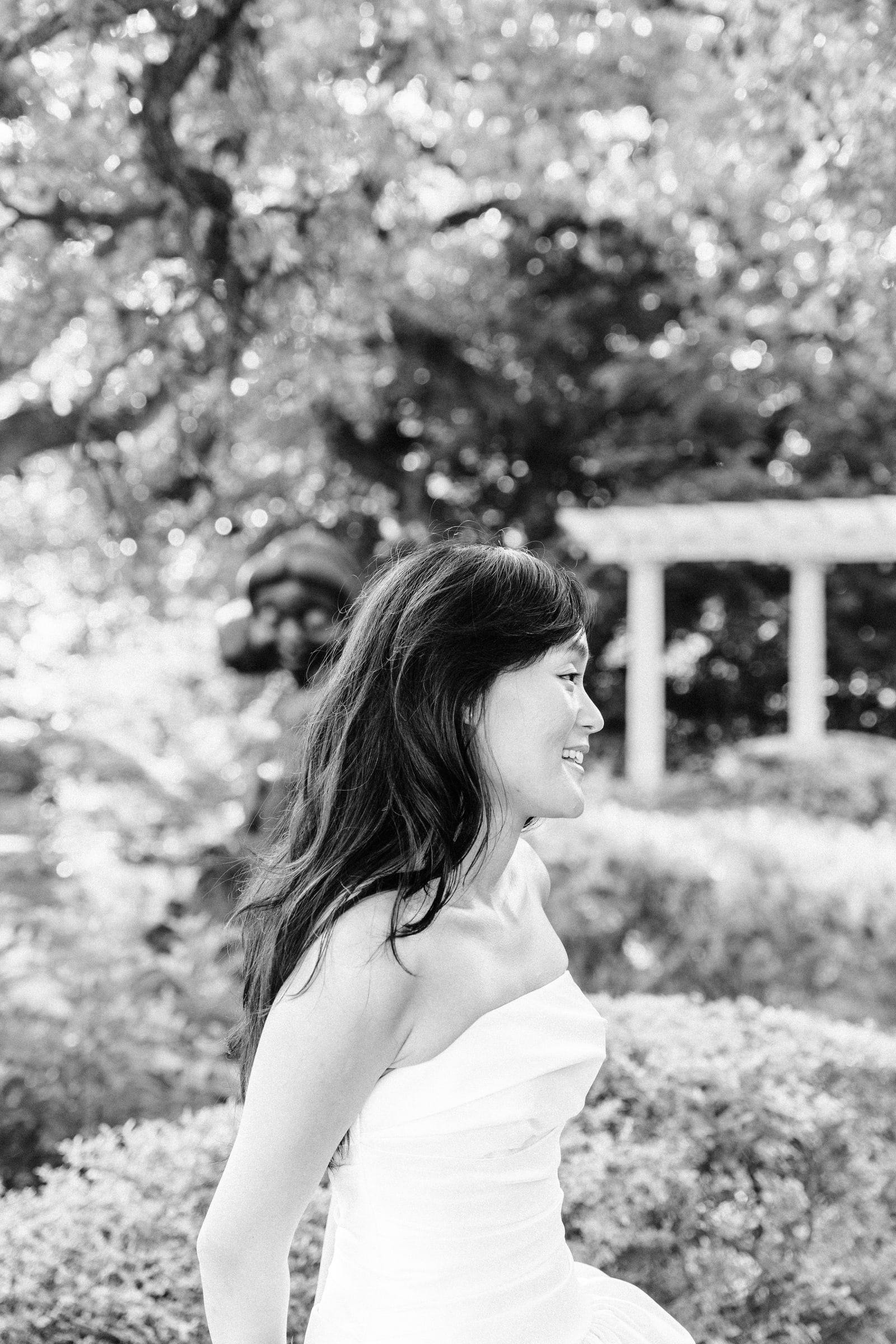 Bride in the garden, black and white profile