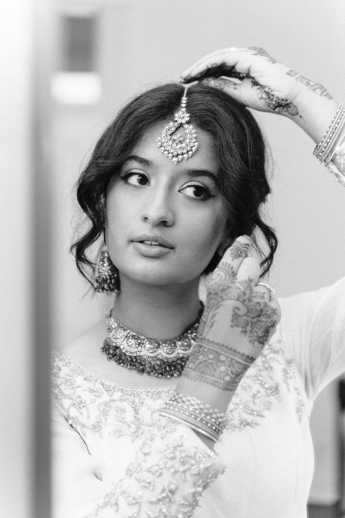 Bridal portrait with jeweled headpiece, black and white
