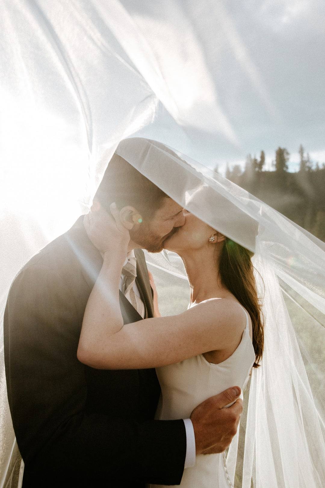 Veil-wrapped embrace in warm backlight