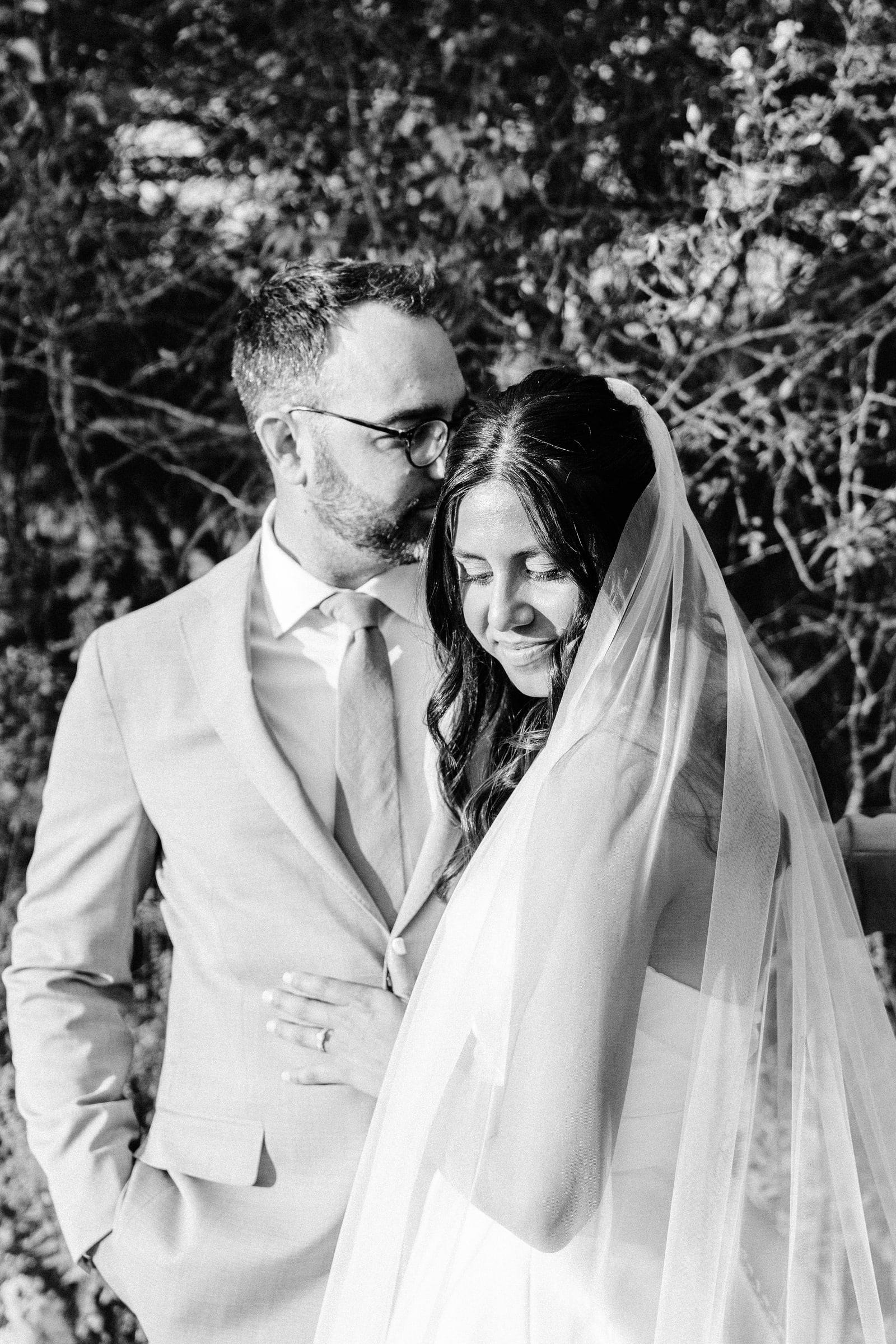 Laughing embrace in black and white